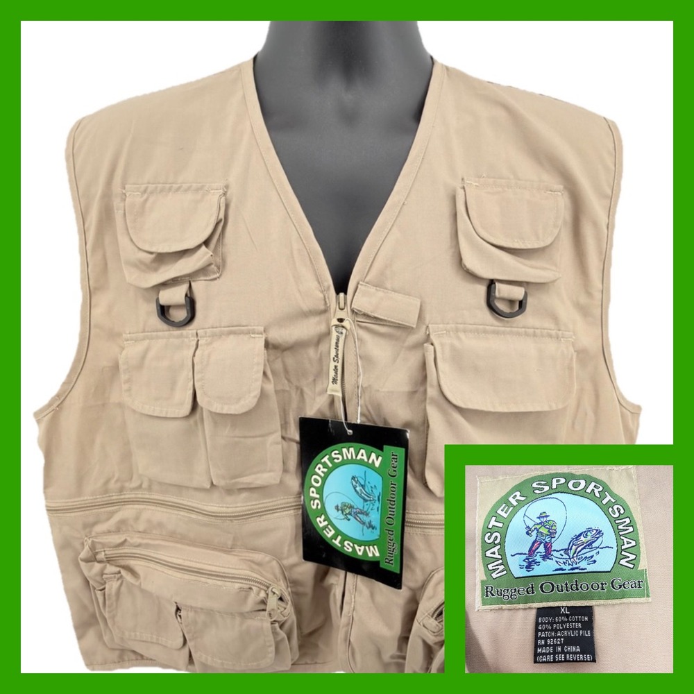 Master Sportsman Fishing Vest XL Khaki Tan‎ Multi-Pocket Fly Fishing Utility NWT